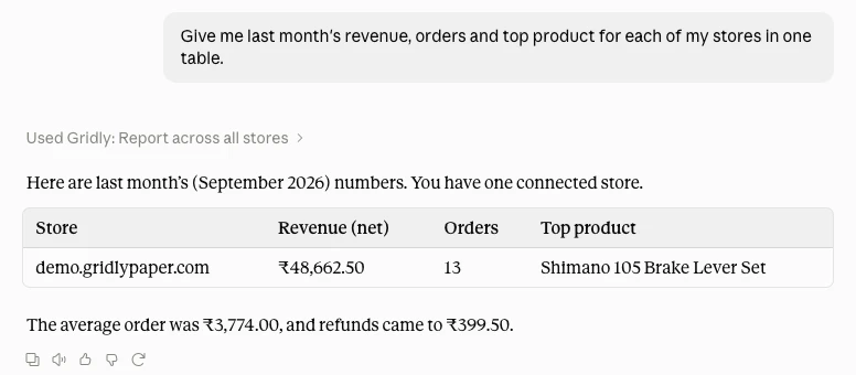 Example of Claude answering: Give me last month's revenue, orders and top product for each of my stores in one table.
