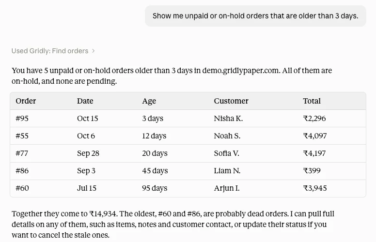 Example of Claude answering: Show me unpaid or on-hold orders that are older than 3 days.